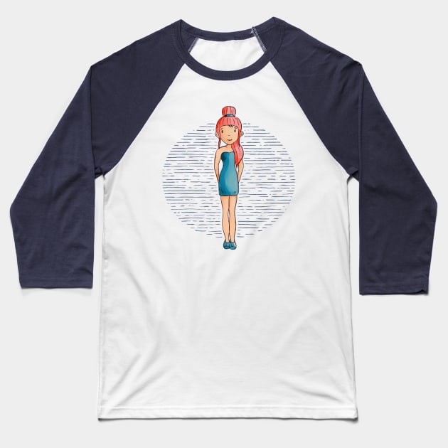 Cute girl with long red hair wearing a teal outfit and shoes. Baseball T-Shirt by Sissely